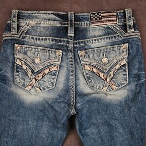 Miss Me Bootcut Jeans Womens 26x34 Red Blue Paisley Pockets Embellished